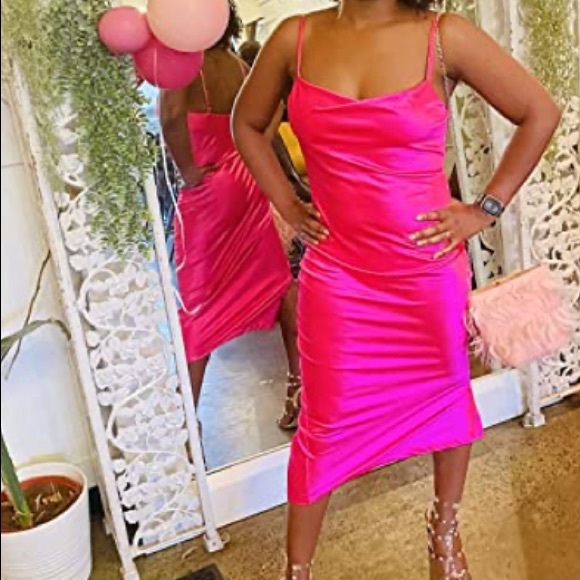 Neon Pink Satin MIDI Slip Dress - Picture 6 of 6